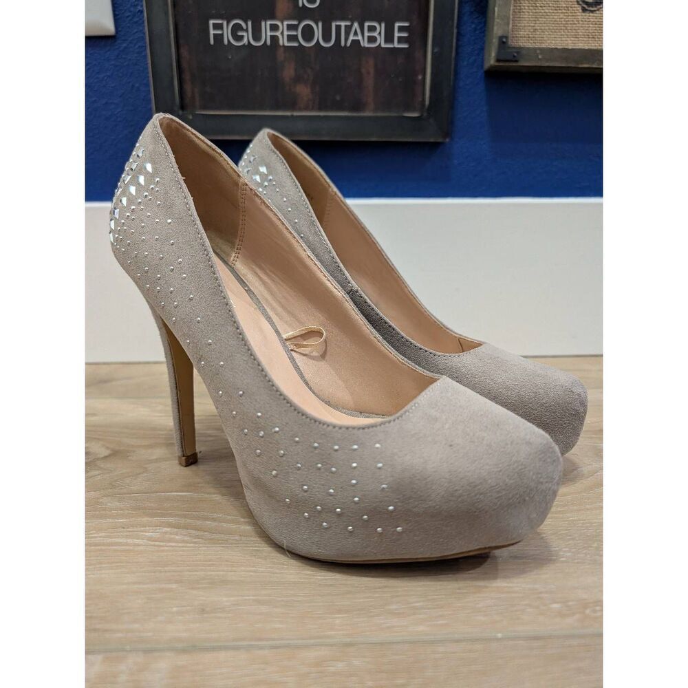 Charming Charlie Taupe Faux Suede Rhinestone Platform Stiletto Heels Women's 8